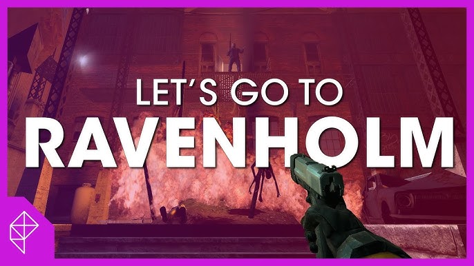 A moody, high-resolution screenshot of Ravenholm from Half-Life 2, featuring a dimly lit street with hanging debris and the silhouetted figure of a Fast Zombie lunging toward the player. Focus on the dynamic lighting and the interplay of shadows and light. The screenshot should look like it was taken from a cinematic replay angle.