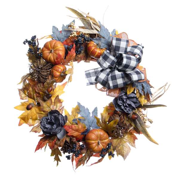 A wreath made with pumpkins, gourds, and fall flowers