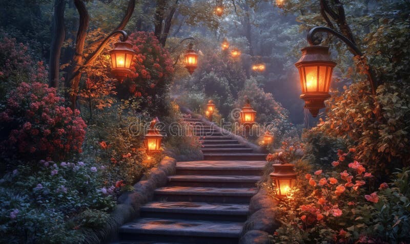 enchanting garden pathway illuminated vintage lanterns surrounded blooming flowers ai generated enchanting garden pathway 374198856