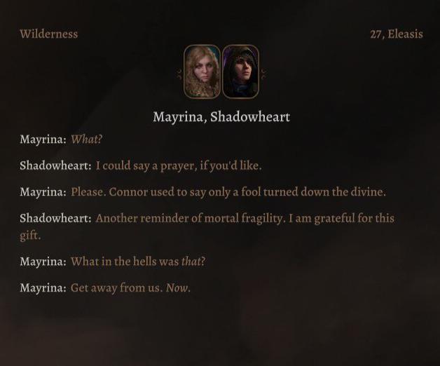 Close-up shots of dialogue options with Shadowheart during the confrontation, highlighting the 'Dark Urge' specific choices.