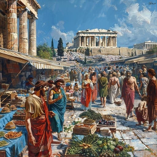 A vibrant photo of Ava laughing with a local vendor at a farmers market in Fira. The focus is on their interaction and the fresh produce under natural daylight.
