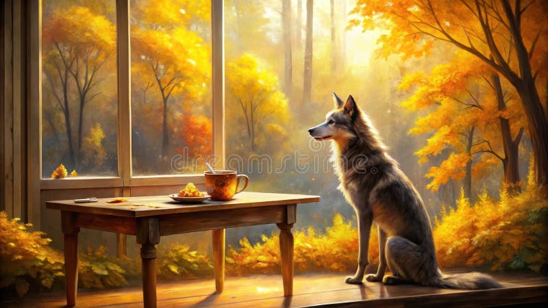 A sunlit window with a wolf observing a woodland vista accompanied by a cozy table setting with warm lighting