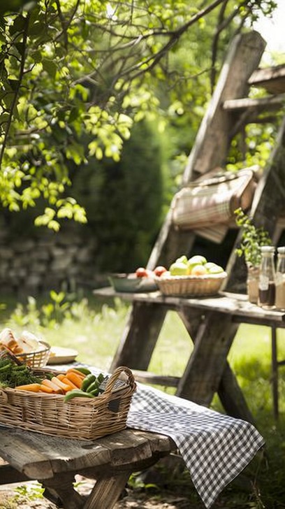 Rustic outdoor dining with salad