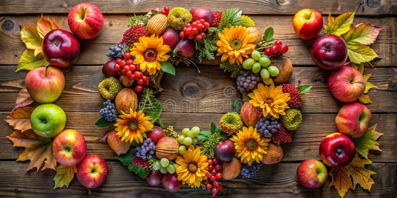 A close-up of a rustic autumn harvest wreath made with organic apples, grapes, and flowers on a vintage frame.