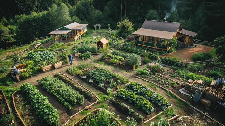 A rustic garden view with a person adding materials to a compost bin