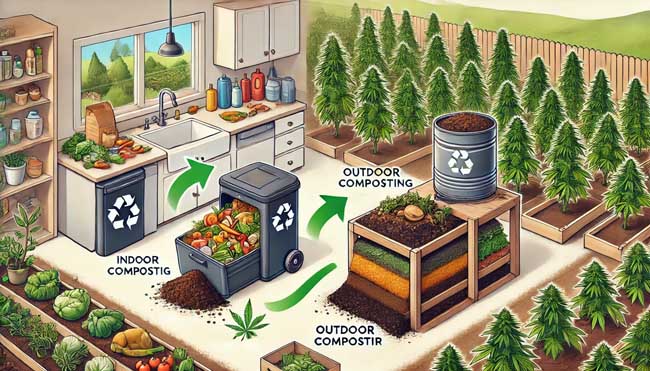A variety of composting setups (pile, bin, tumbler)