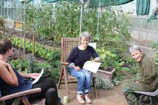 A group of people working together in a large greenhouse, tending to plants and engaging in gardening activities.