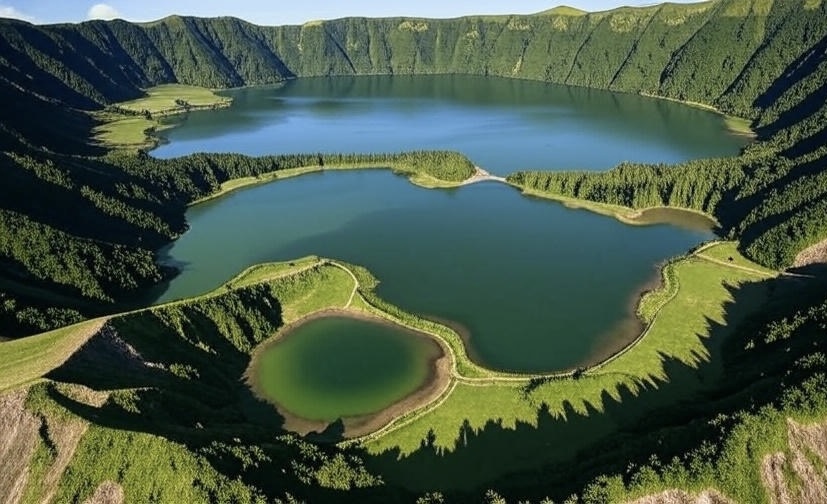 A wide-angle shot of the Sete Cidades caldera from a viewpoint, showcasing the contrasting colors of the two lakes and the surrounding volcanic landscape during golden hour.