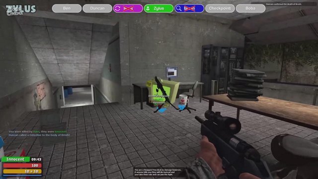 Garry's Mod TTT gameplay screenshot, close-up of a player character holding a DNA scanner in a dark room, dramatic lighting, motion blur, shallow depth of field, 1920x1080 resolution, Source engine rendering style.