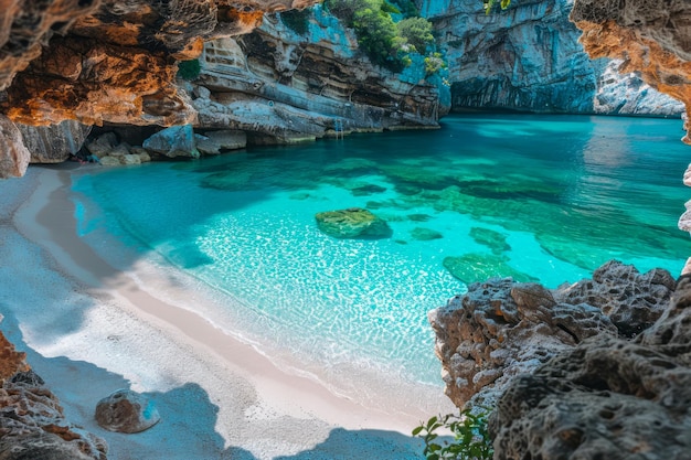 A stunning aerial view of a secluded beach with crystal-clear turquoise water, surrounded by lush green hills. This image represents the type of hidden gem travelers seek for unique beach vacations.