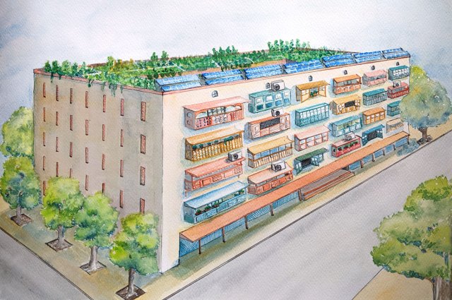 The exterior of houses in a rural area, showing their architectural style and integration with the natural landscape.