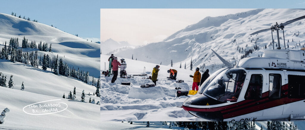 POV shot from a helicopter landing atop a pristine, snow-covered peak in the Bugaboo Mountains of British Columbia