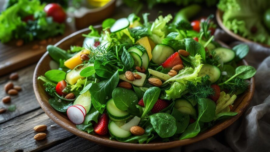 A thriving salad garden with colorful greens and vegetables