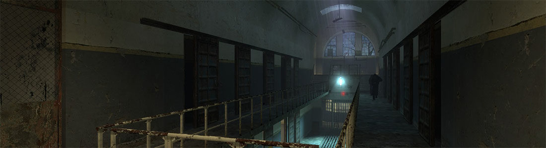 Screenshot of a horde of zombies approaching Gordon Freeman in Ravenholm, who is using the Gravity Gun to set a trap using an explosive barrel suspended by a chain, impending doom.