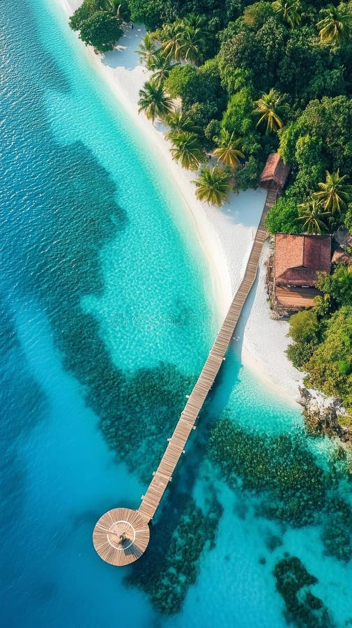Serene turquoise waters and a wooden walkway leading to a tropical beach retreat surrounded by lush greenery in the Maldives