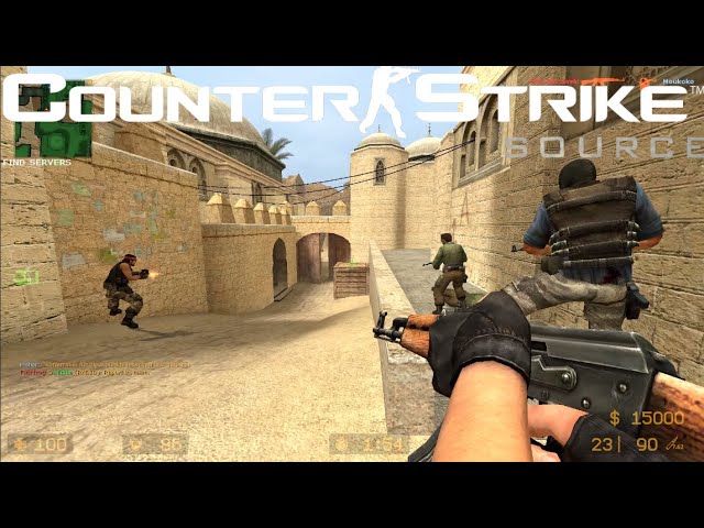 Counter-Strike: Source screenshot, action shot on de_dust2, Counter-Terrorist defusing the bomb at B site under heavy fire, smoke grenades filling the air, chaotic and intense scene, cinematic angle with shallow depth of field focusing on the defuser's hands.