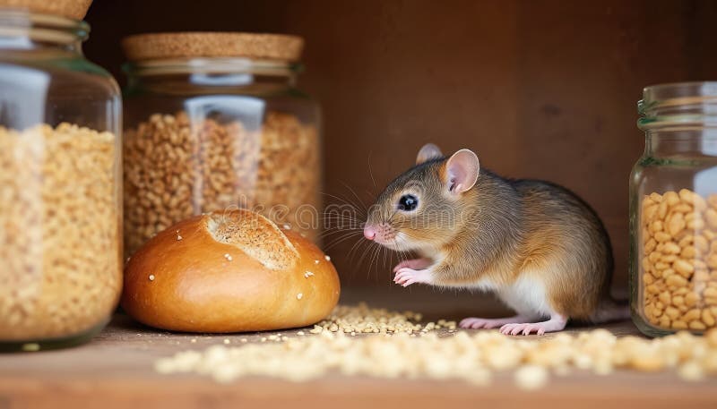 Mouse explores a pantry shelf filled with fresh bread, grains, and jars in warm, rustic tones, showcasing detailed food textures and a cozy home atmosphere.