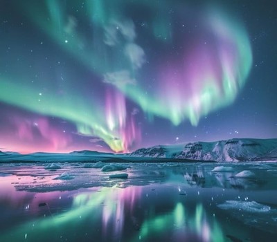 Northern Lights dancing over Icelandic landscape