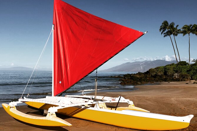 Polynesian canoe sailing on clear blue water.
