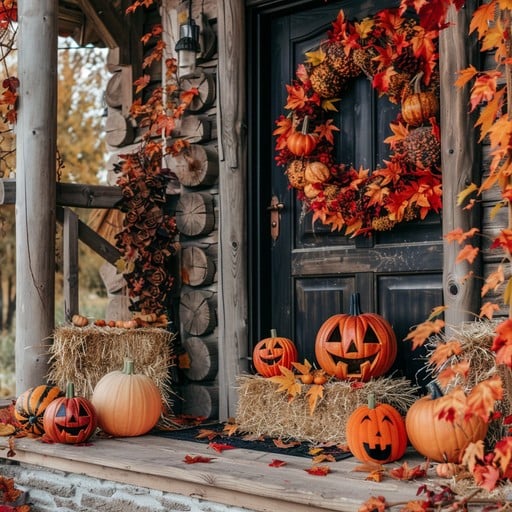 Autumn porch decor with pumpkins, gourds, and a welcome sign