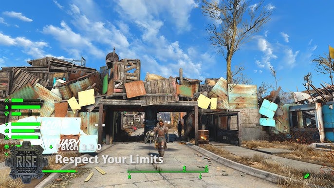 Settlers engaging in various activities within a Sim Settlements 2 settlement, trading at bustling shops beneath flickering neon signs, creating an immersive and lively atmosphere of community and purpose.