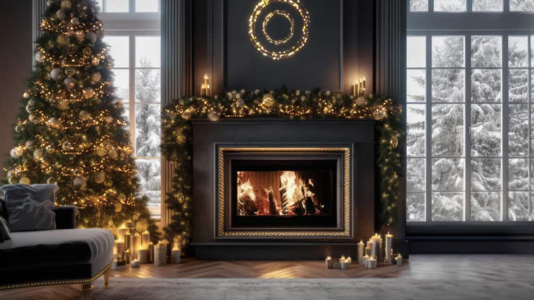 A chunky cable-knit blanket draped over a nearby armchair and a faux sheepskin rug placed in front of the fireplace hearth, adding tactile textures to the hygge setting.