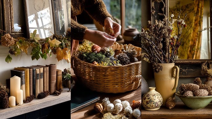 Image of a woman making a foraged wreath with leaves and berries