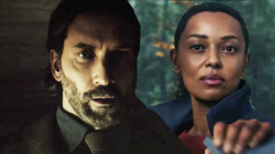 Split-screen image showcasing Alan Wake and Saga Anderson, emphasizing their contrasting environments and experiences