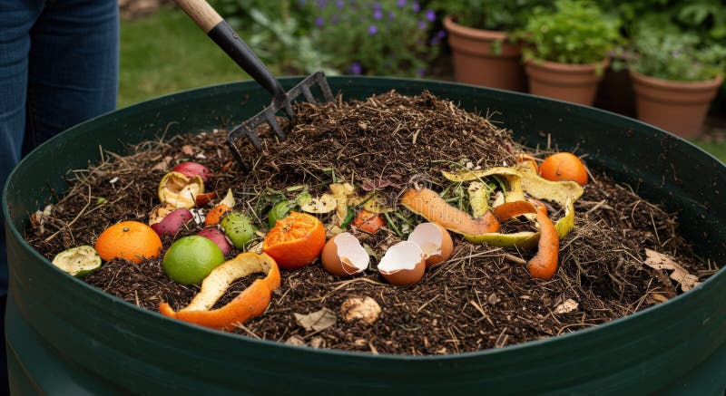 Home composting backyard compost bin with kitchen scraps and garden waste, demonstrating how to turn into nutrient-rich soil