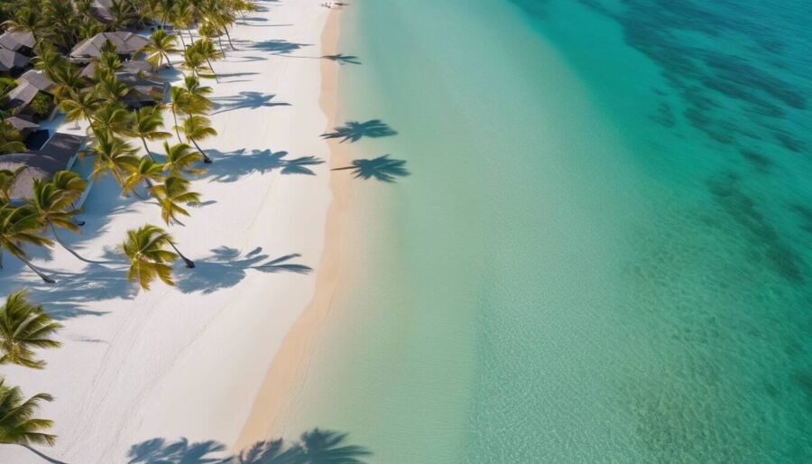 A picturesque Caribbean beach scene featuring turquoise waters, white sand, and lush palm trees, capturing the essence of a relaxing holiday destination.