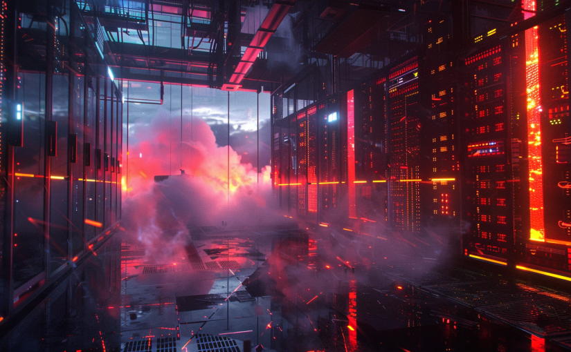 A dramatic wide shot of a modern data center