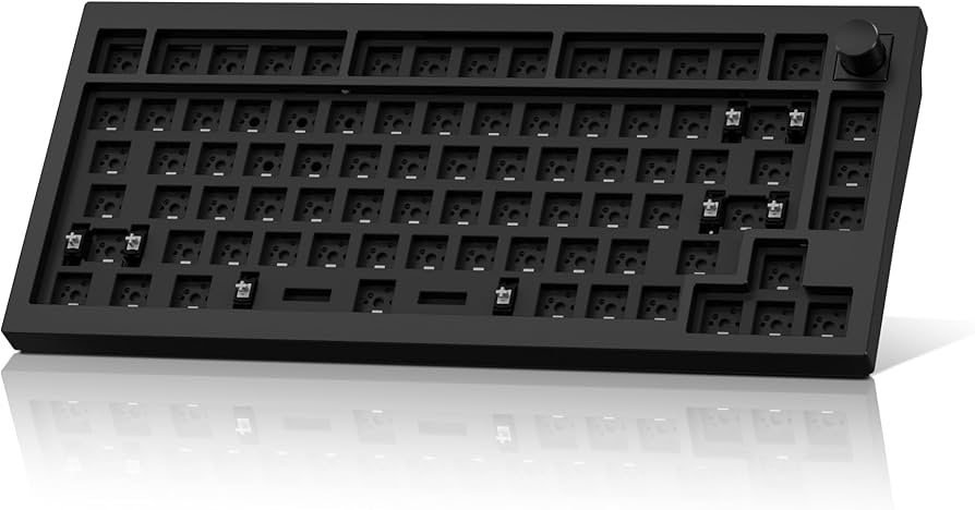 Photo of the Keychron Q1 Pro with custom keycaps (GMK Olivia clone set with pink and white colors and Cherry profile), showcasing the keyboard's customization potential, a well-organized desk setup with a wooden desk, soft diffused lighting from a window.