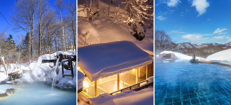 An outdoor onsen with snow falling gently around it, captured during the blue hour. The onsen water is visibly steaming, creating a sense of warmth and relaxation.