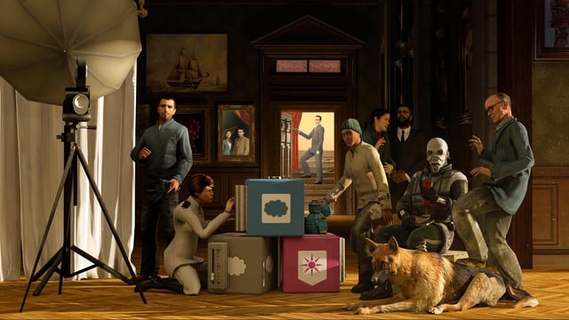 A group of players standing amidst the chaos, looking overwhelmed by the physics glitches