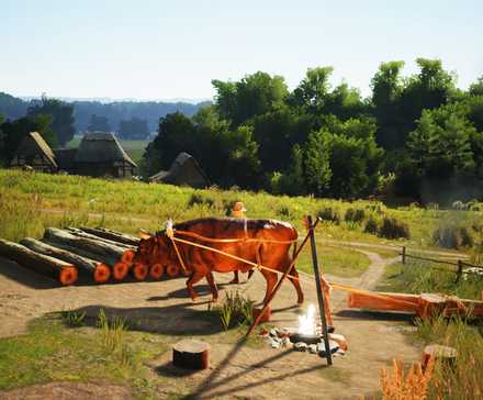 Plumes of smoke rising realistically from the chimneys of peasant homes in Manor Lords, adding a sense of life and authenticity to the medieval settlement.