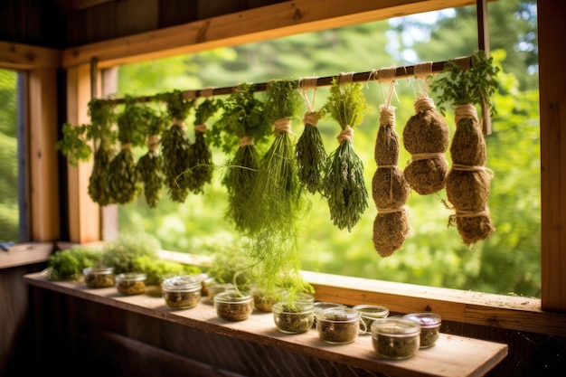 Close up of hand gently touching drying lavender, emphasizing the sensory experience of the herb drying station.