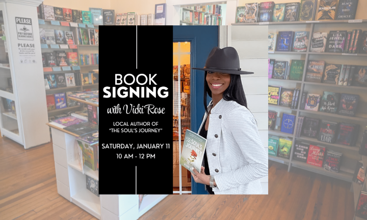 A busy bookstore with customers browsing shelves and chatting