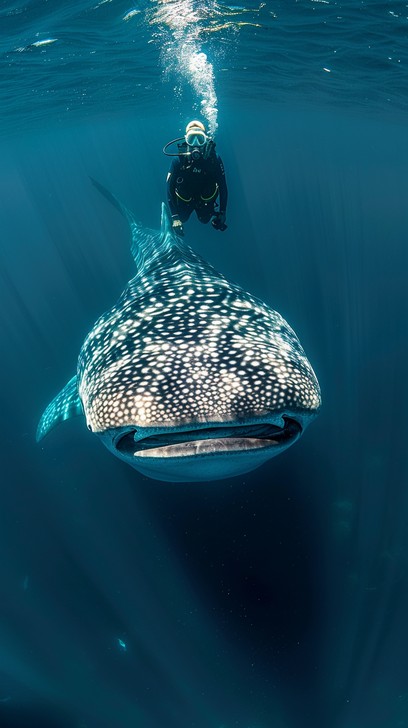 Silhouette of a humpback whale singing against a deep blue background. Capture the curvature of its body and the patterns of light and shadow. Technical: High contrast, minimalistic composition.