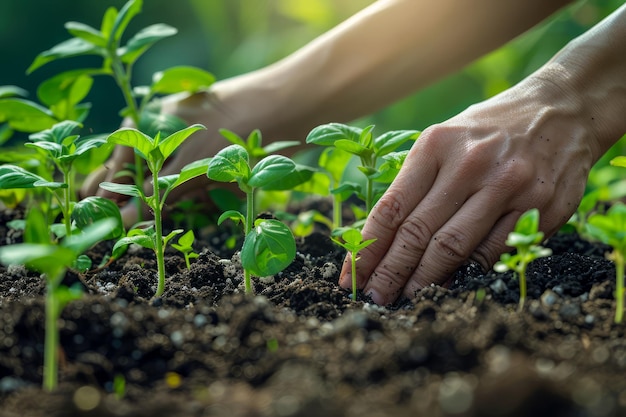 Close-up of hands gently watering a seedling planted in fertile soil, highlighting the care and attention needed for a thriving garden