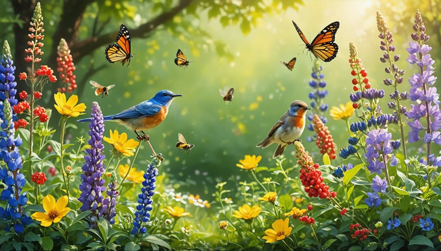 A biodiverse garden with a variety of plants and flowers, creating a thriving ecosystem for pollinators.