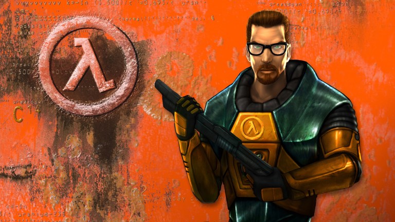 Screenshot of Gordon Freeman using the Gravity Gun to solve a physics puzzle in Nova Prospekt by manipulating a generator to power a door, action shot, desperation in Gordon's eyes.