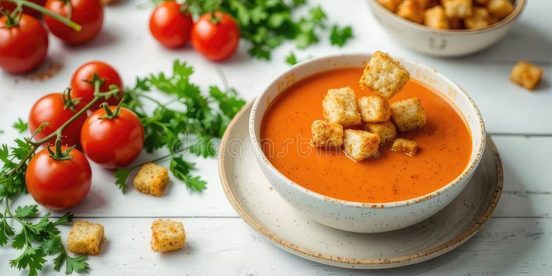 Delightful homemade croutons elevate creamy tomato soup, a simple, healthy, delicious recipe perfect meal mouthwatering.