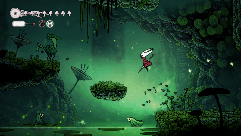 Hornet in Silksong is ready to fight in an area of green foliage. The area appears to be overgrown and wild. The image is sharply detailed, showing off the game's art style.
