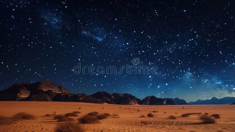 Panoramic image of the Milky Way above Wadi Rum, Jordan, with a Bedouin camp visible in the distance. The sandstone mountains are bathed in soft starlight.