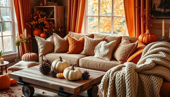 A cozy seating area with a neutral-toned sofa is decorated with fall-themed pillows, a warm blanket, and natural elements like pumpkins and wooden accents.