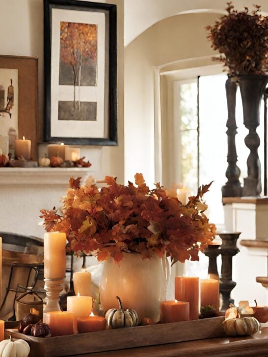 A collection of upcycled candle holders made from mason jars, tin cans, and wine bottles, lit with candles and creating a warm glow