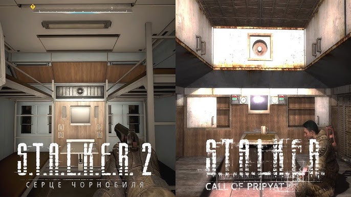 A Stalker aims a weapon at an unseen enemy, with a gritty and realistic HUD overlay.