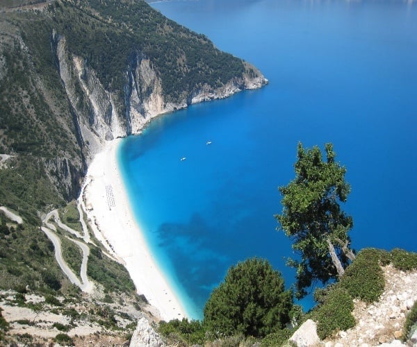 Myrtos Beach in Kefalonia, Greece with turquoise waters.