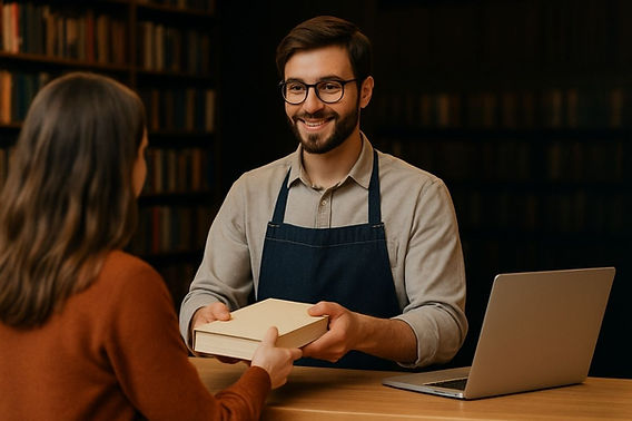 An overhead shot of a person in a coffee shop browsing a book with a coffee and laptop nearby.