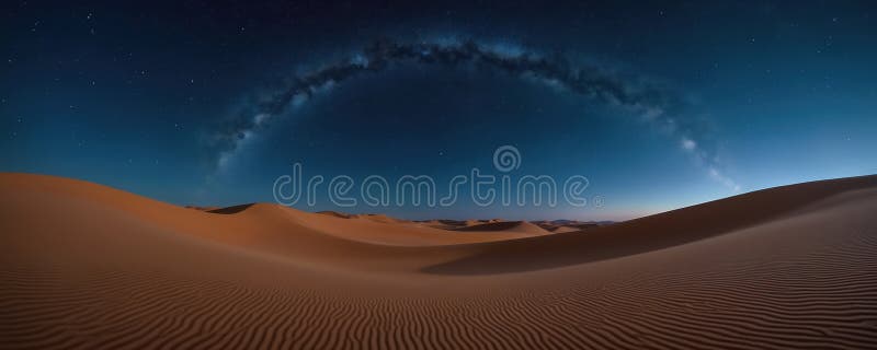 Stunning desert landscape at night with a panoramic view of sand dunes under a starry cosmos and the Milky Way galaxy, capturing a tranquil and awe-inspiring scenery.